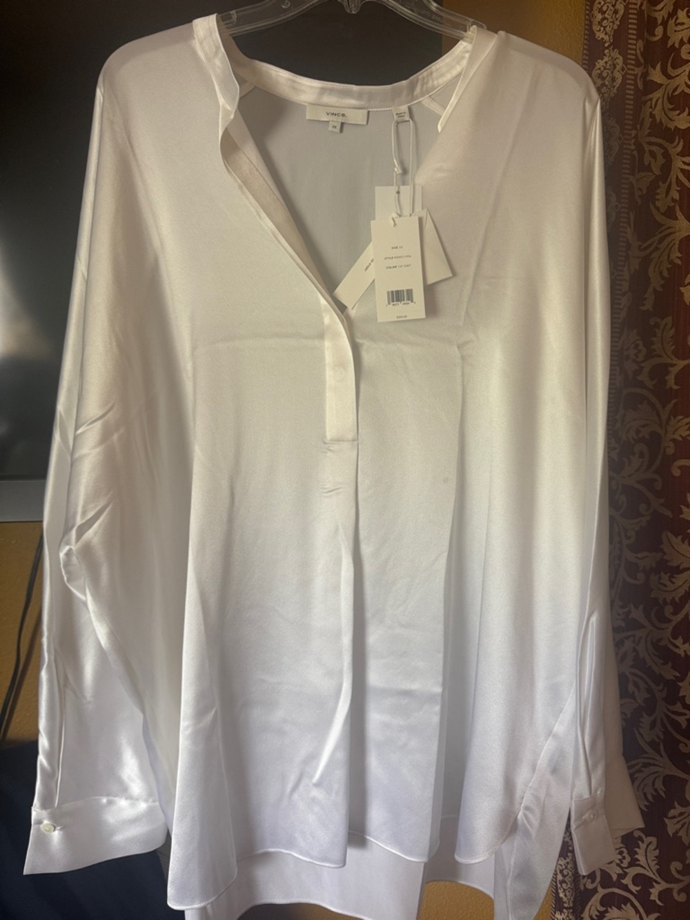 Vince White Satin Split-Neck Tunic Blouse